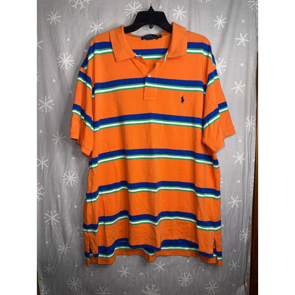 Polo Ralph Lauren Mens 2XB Big Orange Striped Short Sleeve Pique Polo Shirt